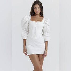 House of CB dress- white corset style long puff sleeve short